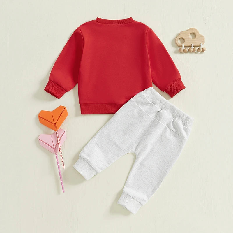 Boys/ Girls Valentines Outfit Letter Embroidery Long Sleeve Sweatshirt and Heart Print Pants
