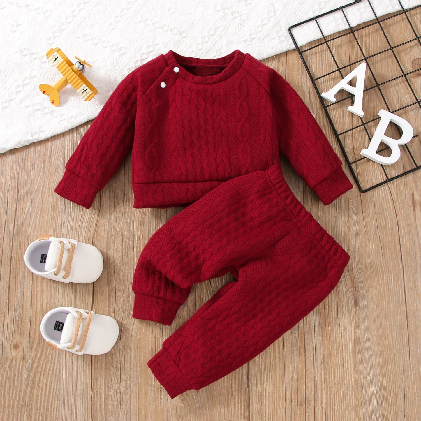 Solid Color Long Sleeves Top+Pants 2PCS Outfits