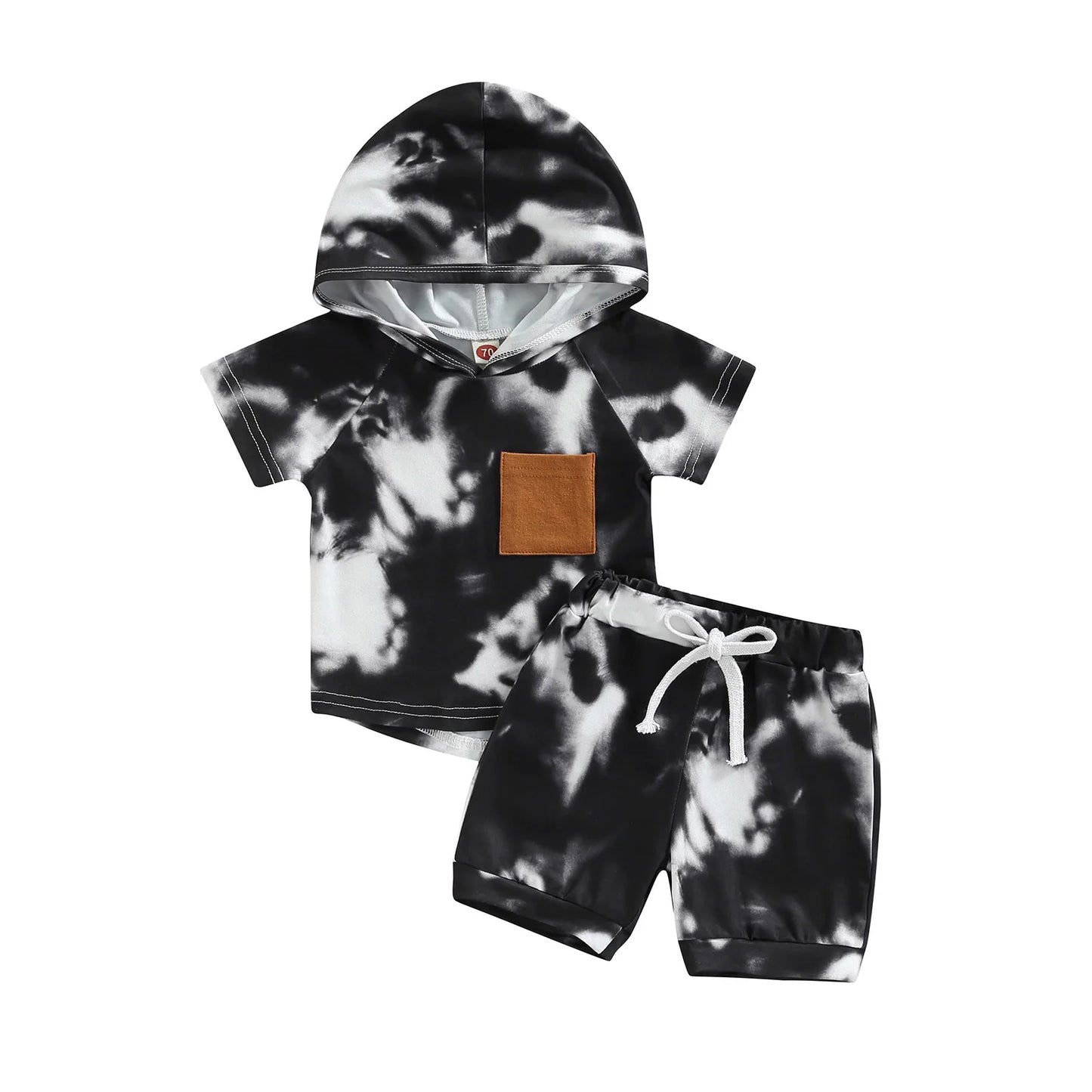 2Pcs Casual Clothing Set Short Sleeve Hooded Tie-Dye Pritned Top and Shorts
