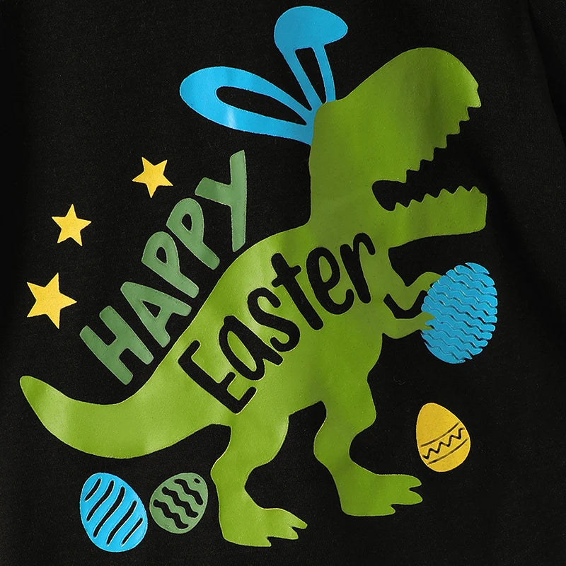 Short Sleeve Letters Dinosaur Print T-shirt with Shorts Easter Clothes
