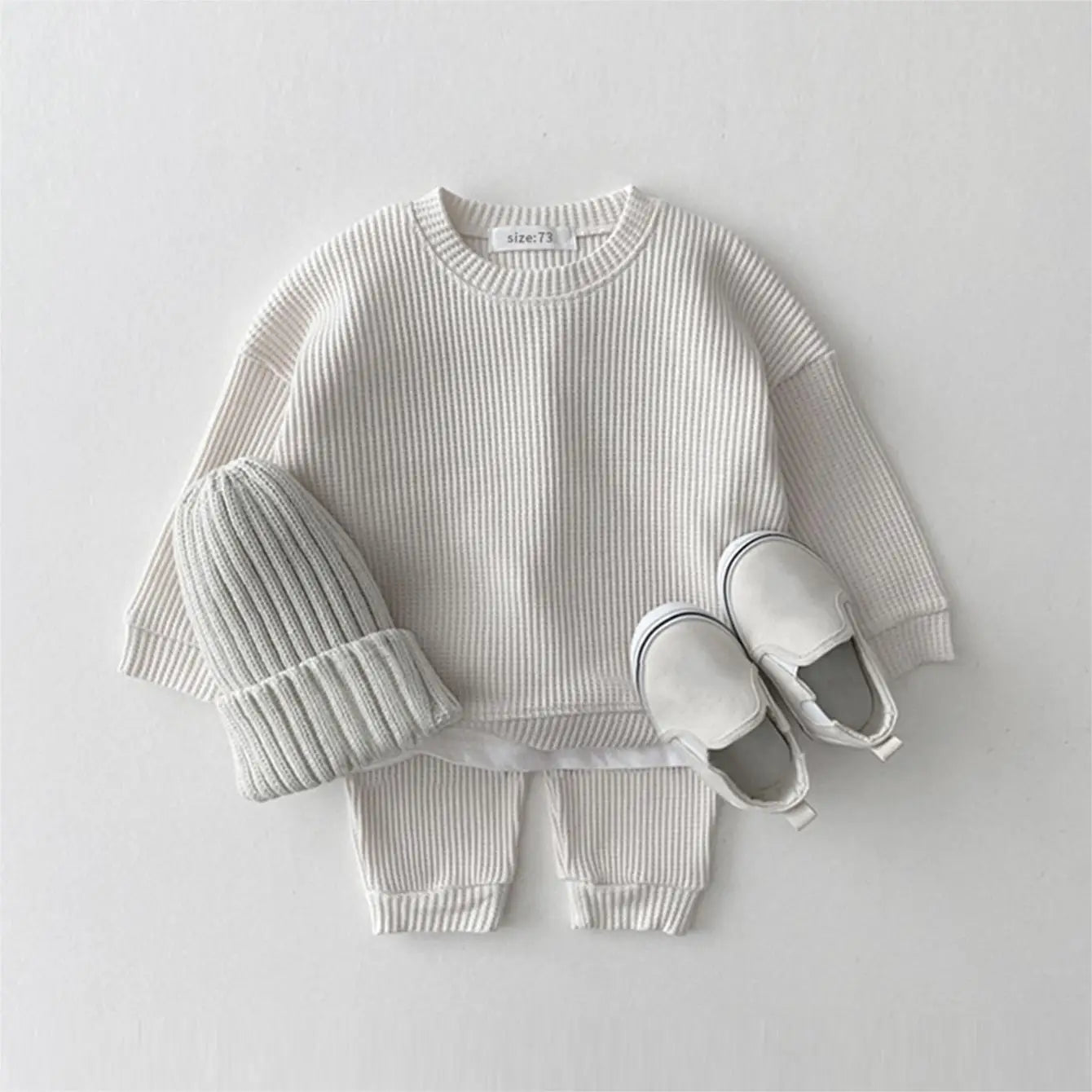 Waffle Cotton Kids Loose Tracksuit Pullovers Tops+Pants 2PCS Set