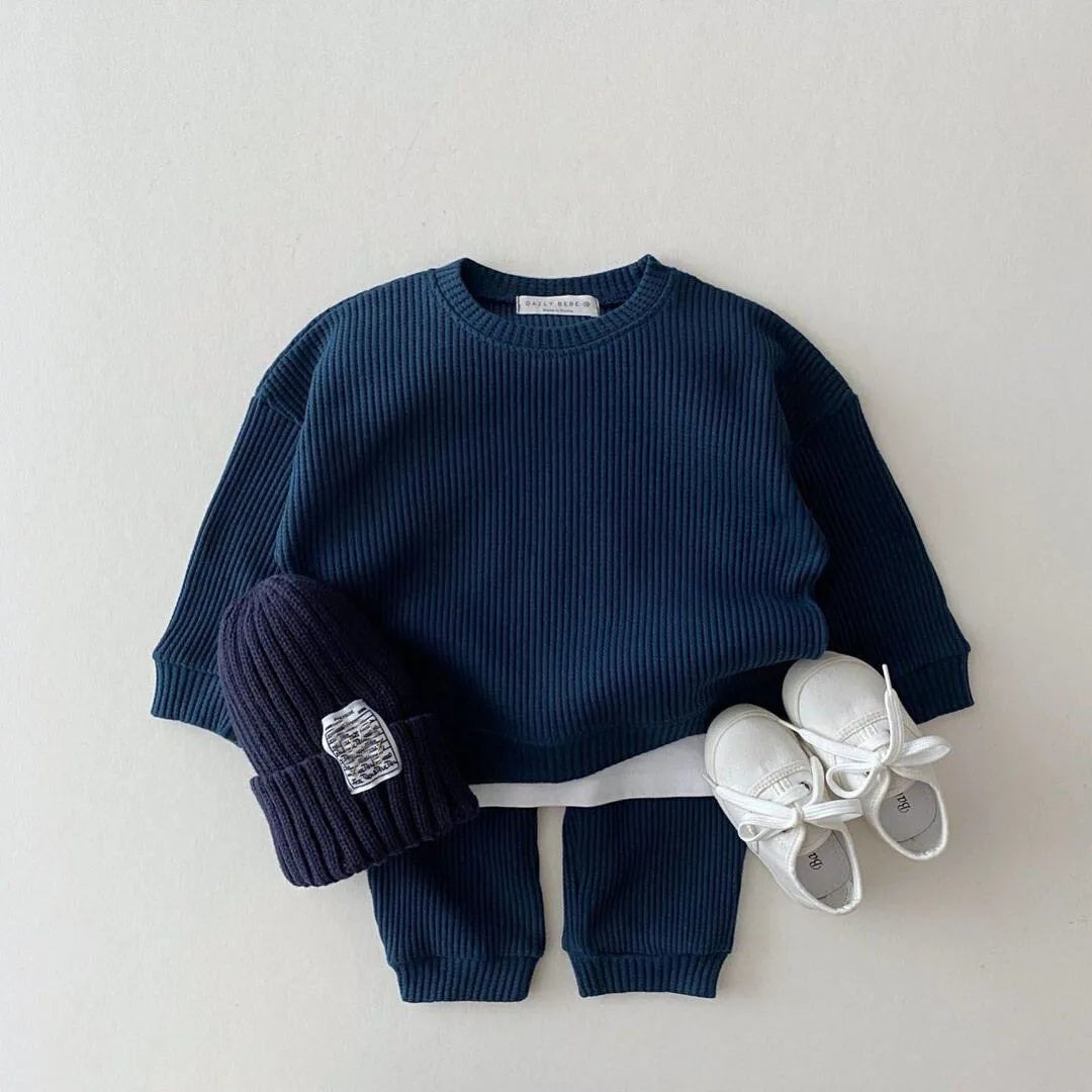 Waffle Cotton Kids Loose Tracksuit Pullovers Tops+Pants 2PCS Set