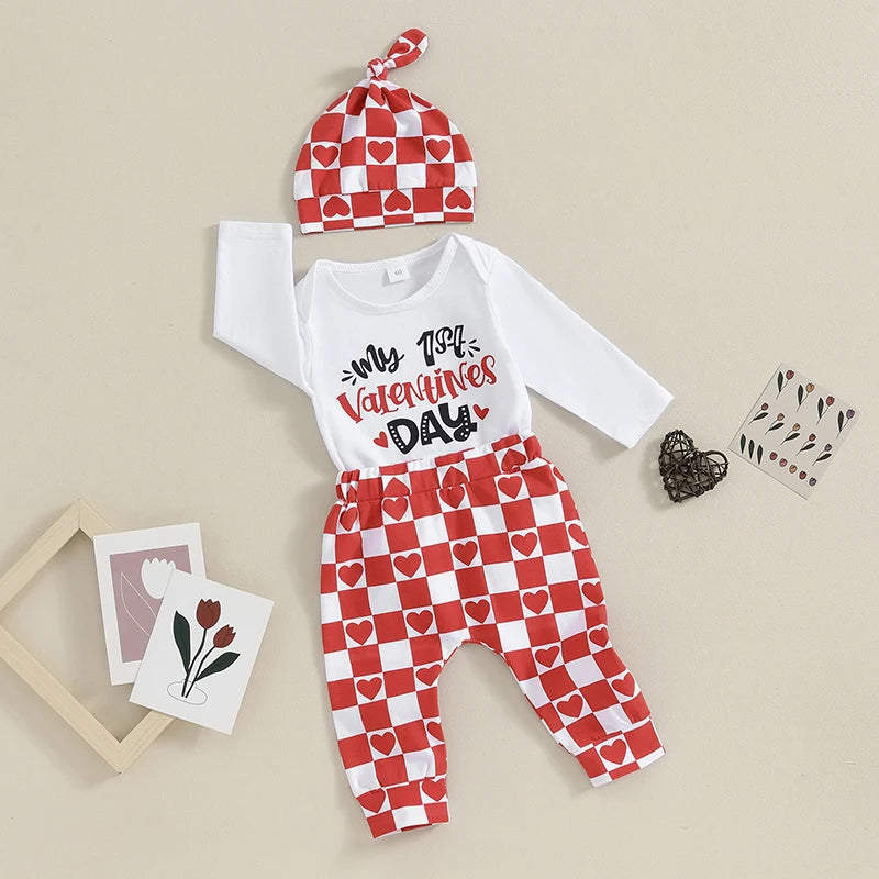 Infant Newborn Baby Boy Outfits My First Valentines Day Romper Heart Shaped Pants Hat Long Sleeve Clothes Set