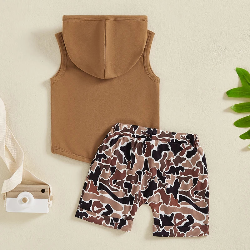 Pocket Hooded Sleeveless Tank Tops + Camouflage Elastic Waist Shorts set
