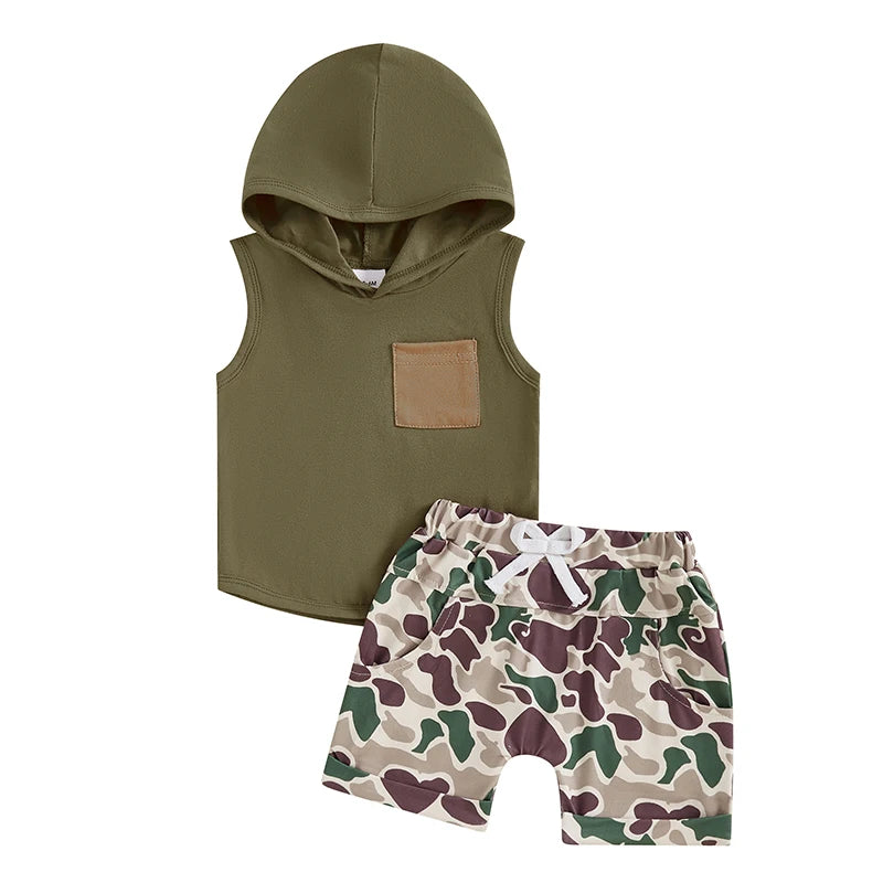 Pocket Hooded Sleeveless Tank Tops + Camouflage Elastic Waist Shorts set