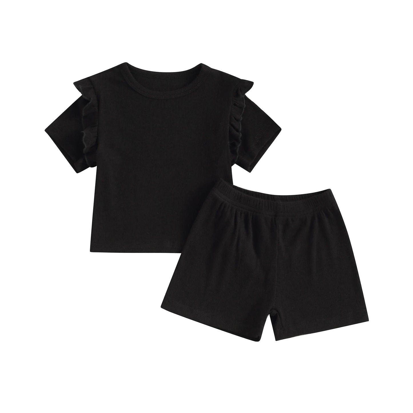 Knit Ribbed Ruffle Shirt Shorts Sets