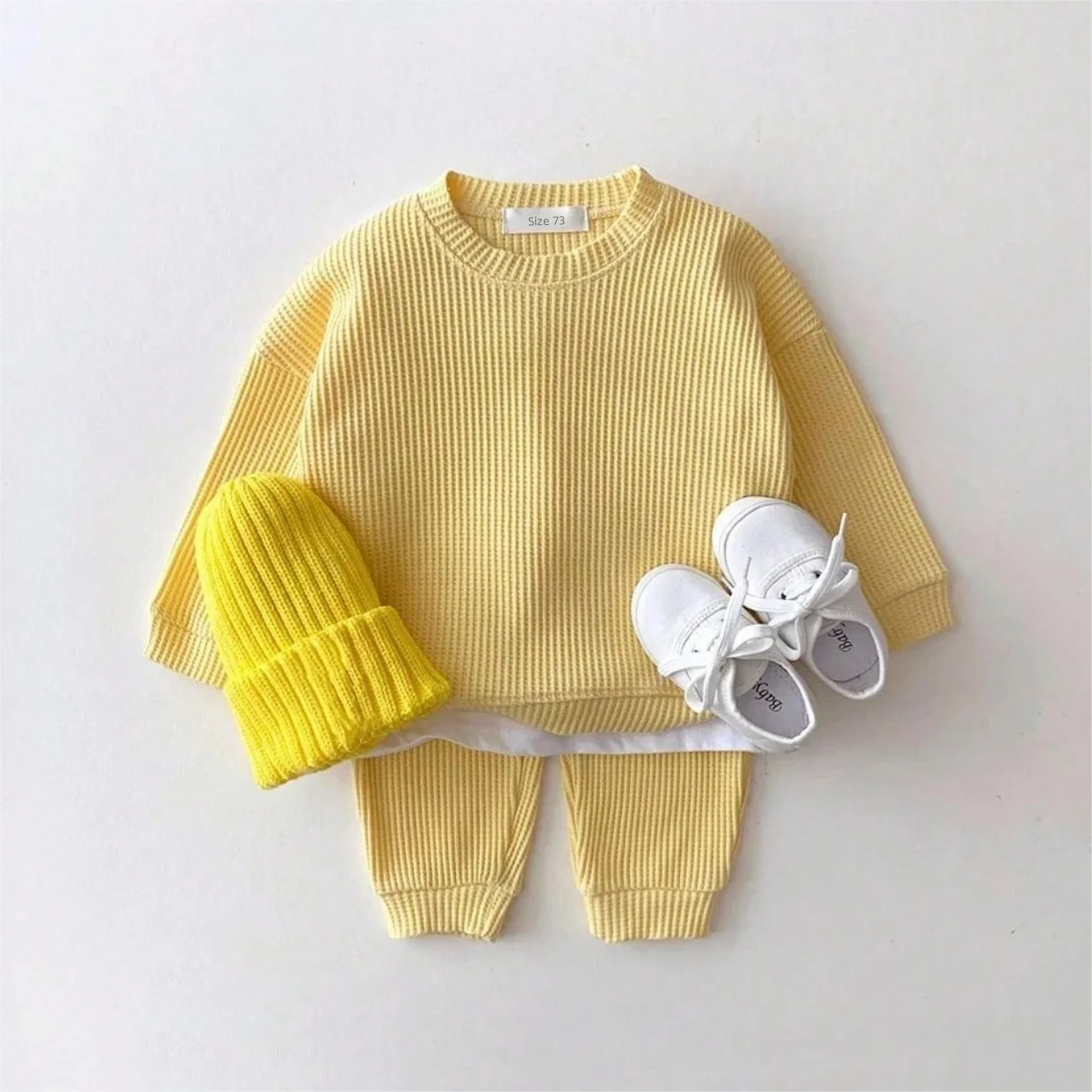 Waffle Cotton Kids Loose Tracksuit Pullovers Tops+Pants 2PCS Set