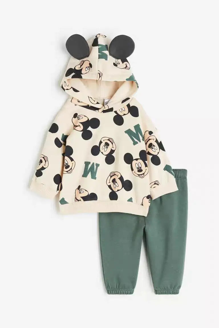Minnie And Mickey Full Print Hooded Tops Solid Color Two-piece Cartoon Sweatshirt+Pants
