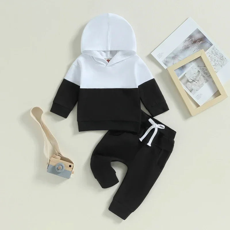 Long Sleeve Contrast Color Hoodie Tops Drawstring Pants Outfits