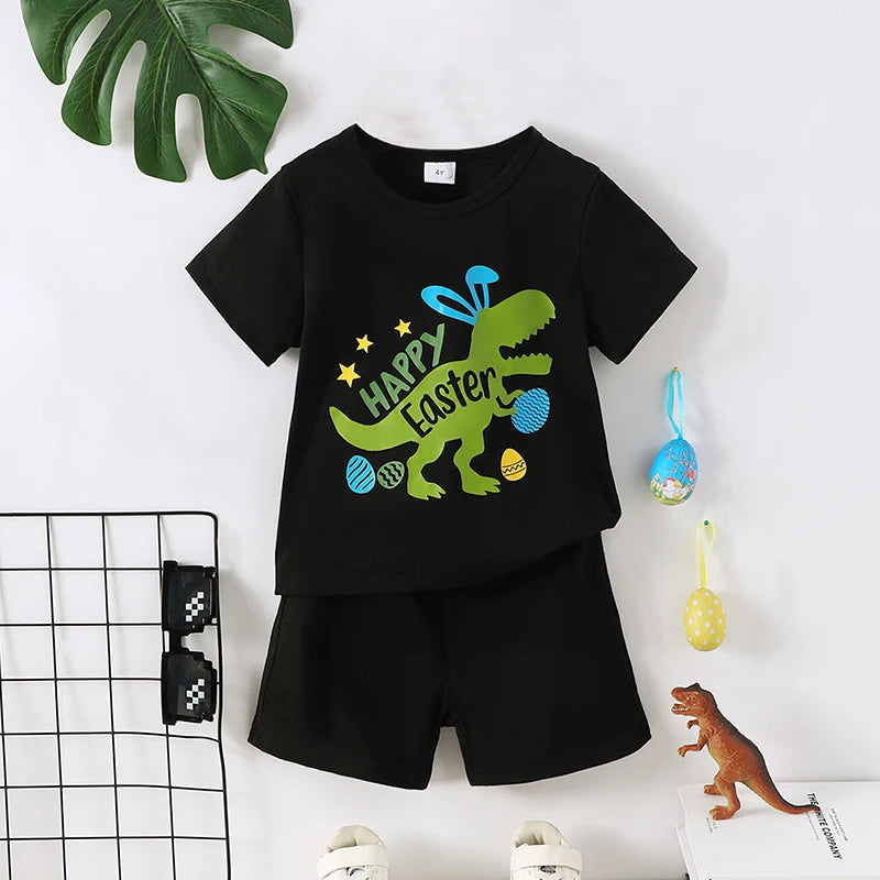 Short Sleeve Letters Dinosaur Print T-shirt with Shorts Easter Clothes