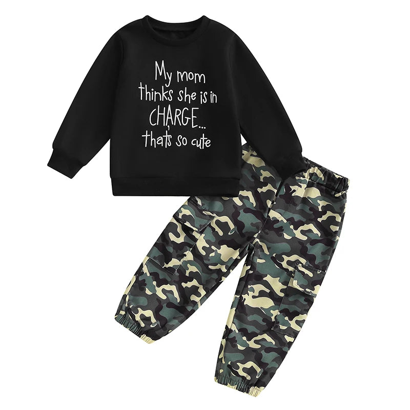 Letter Print Long Sleeve Tops Camouflage Pants Winter Clothes Sets