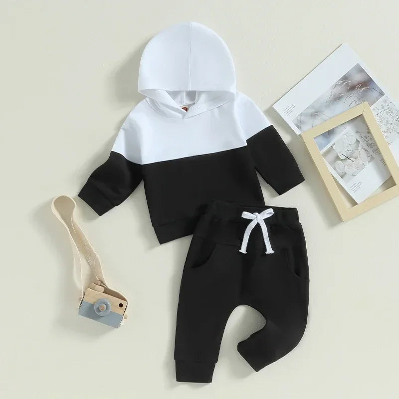 Long Sleeve Contrast Color Hoodie Tops Drawstring Pants Outfits