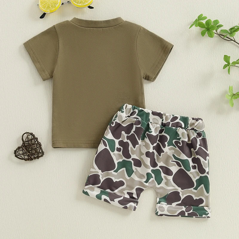 Boys Summer Shorts Sets Short Sleeve Letter Print Tops and Camouflage Shorts Sets