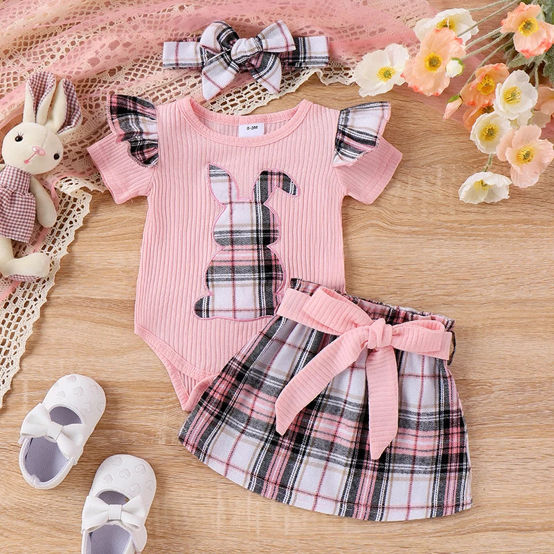 Short Sleeve Bunny Romper with Belted Plaid Skirt