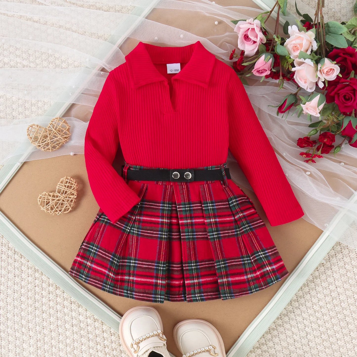 3PCS Autumn New Style 1-5 Year Old Middle And Middle School Girls Fashion College Style Solid Color Pit Top + Plaid Skirt Set