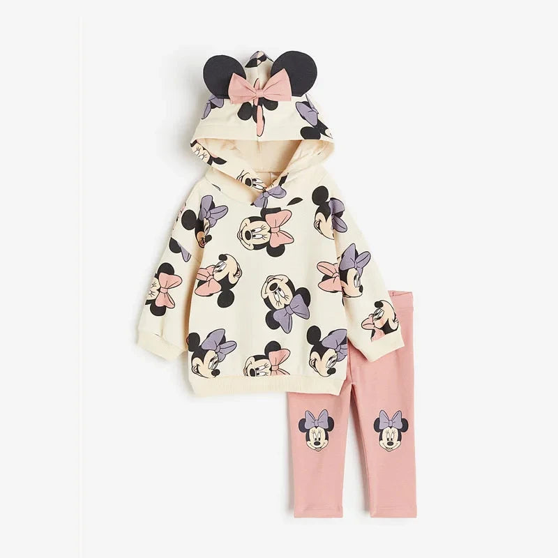 Minnie And Mickey Full Print Hooded Tops Solid Color Two-piece Cartoon Sweatshirt+Pants