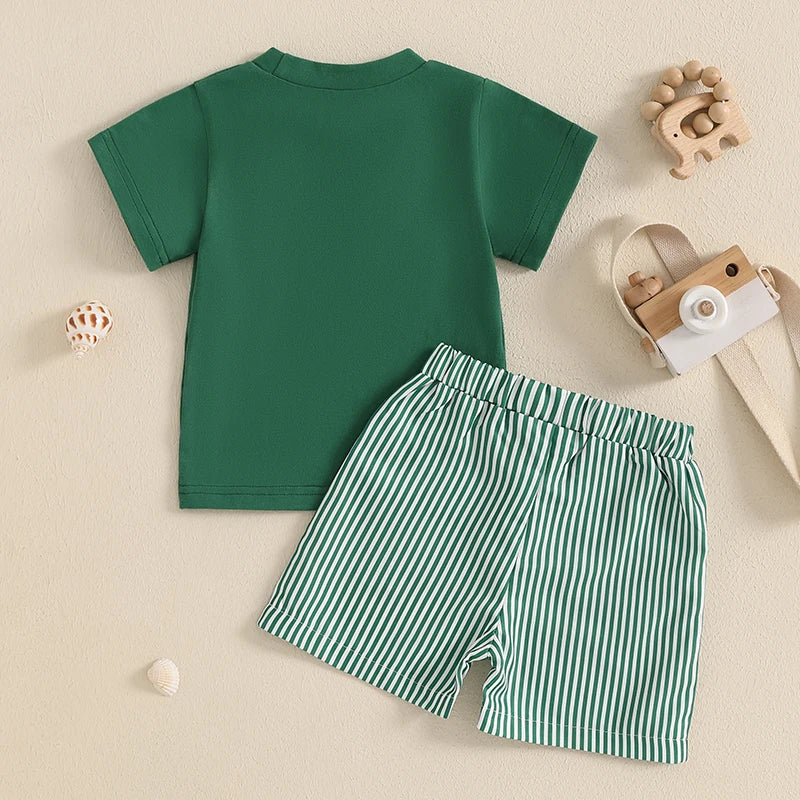 Whale/Dinosaur/Turtle Short Sleeve T-shirts and Striped Elastic Waist Shorts
