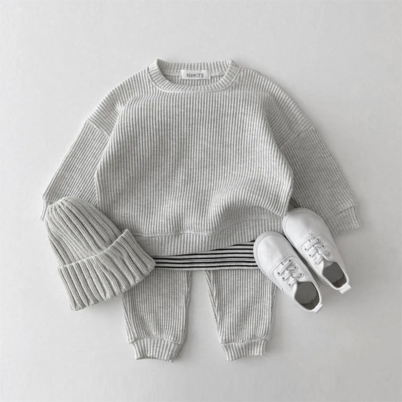 Waffle Cotton Kids Loose Tracksuit Pullovers Tops+Pants 2PCS Set
