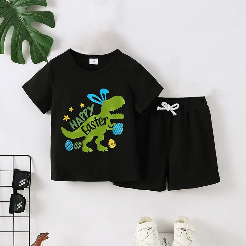 Short Sleeve Letters Dinosaur Print T-shirt with Shorts Easter Clothes