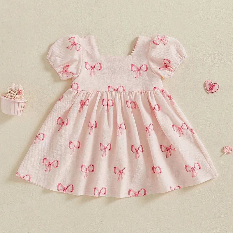Girls Dress Bowknot Print Sqaure Neck Short Sleeve Casual Dress