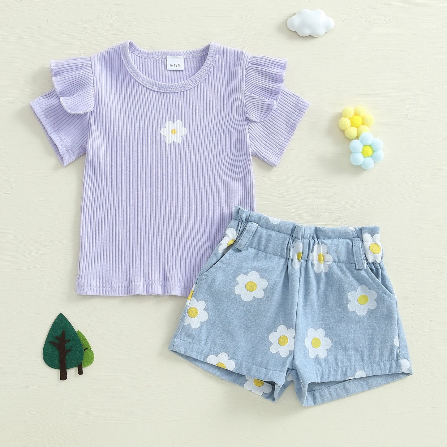 1-4Y Baby Girl Summer Outfits Ruffle Short Sleeve Floral Print Ribbed t Shirt Tops Shorts Set Toddler Baby Clothing 2Pcs