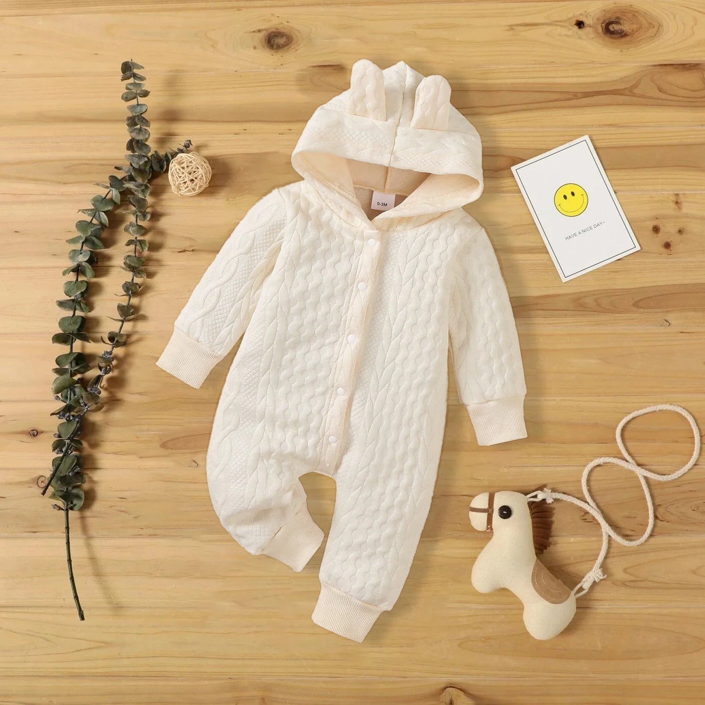 Baby Romper Cute Ears Solid Hooded Long Sleeve Baby Bodysuit