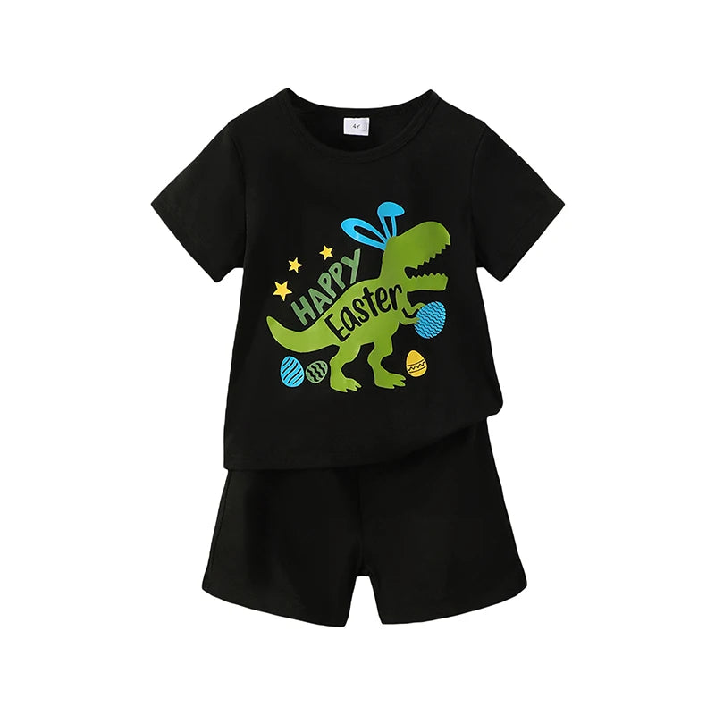 Short Sleeve Letters Dinosaur Print T-shirt with Shorts Easter Clothes