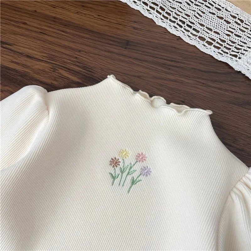 Kids Warm Thickening Sweater Puff Sleeve Flower Embroidery