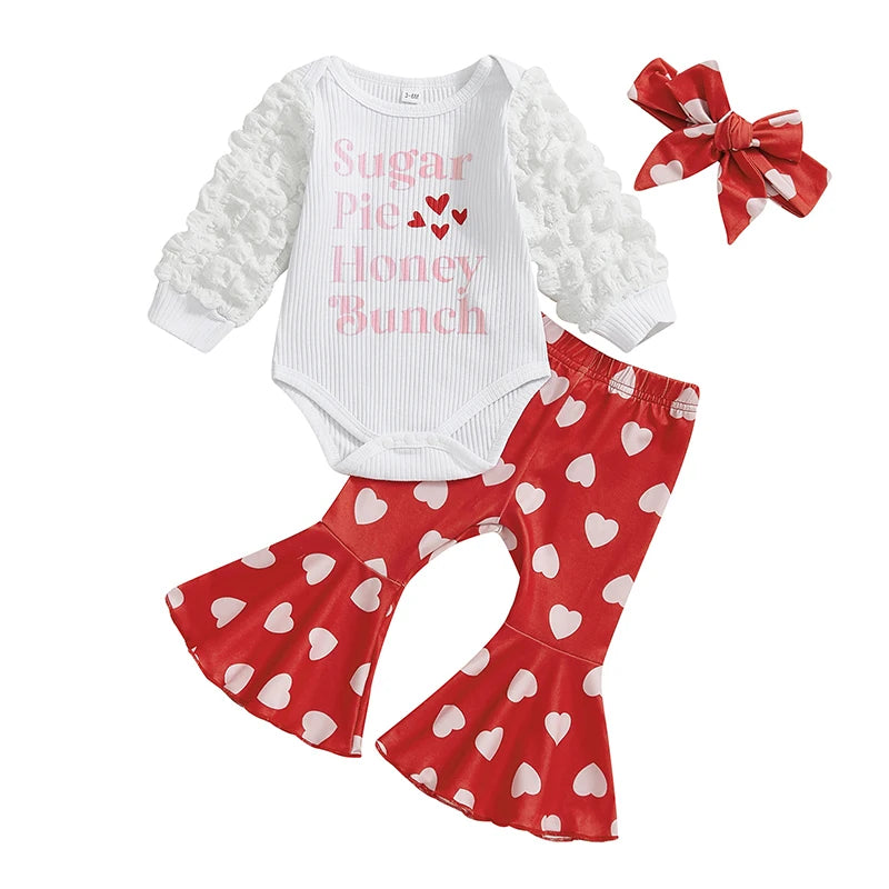 Baby Girls Valentine’s Day Outfits Puff Sleeve Letter Print Romper Pants
