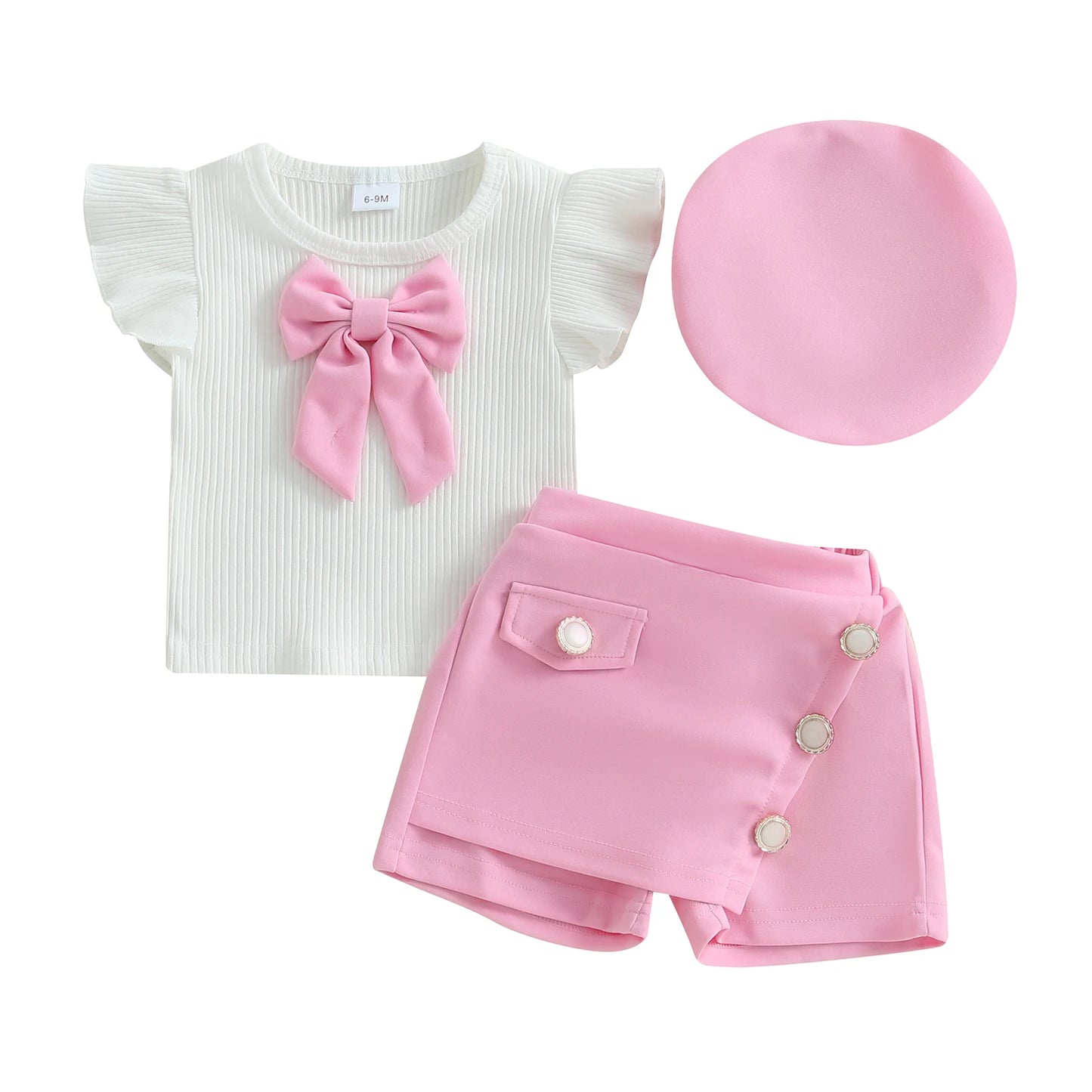 Baby Girl 3Pcs Summer Outfits Ruffle Sleeve Bow Tops + Shorts + Hat Set Toddler Clothes