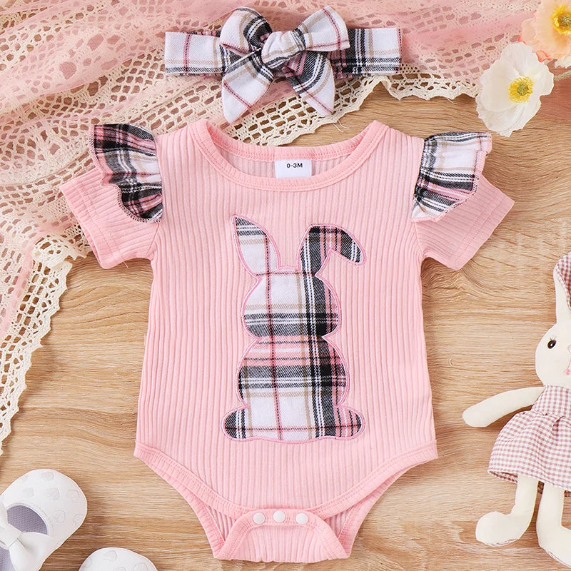Short Sleeve Bunny Romper with Belted Plaid Skirt