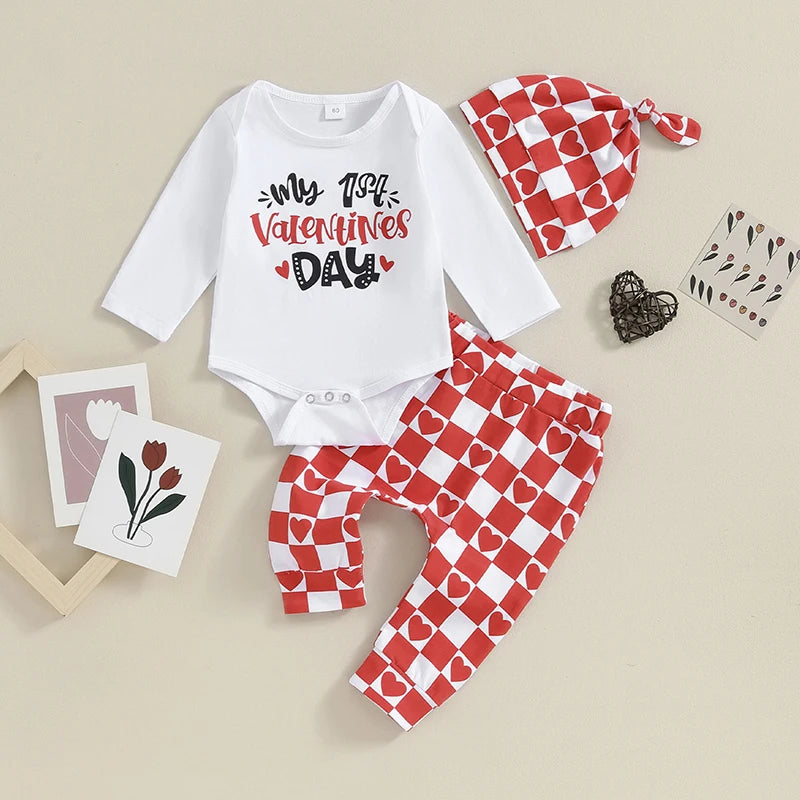 Infant Newborn Baby Boy Outfits My First Valentines Day Romper Heart Shaped Pants Hat Long Sleeve Clothes Set