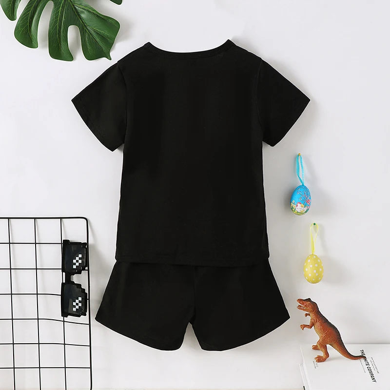 Short Sleeve Letters Dinosaur Print T-shirt with Shorts Easter Clothes