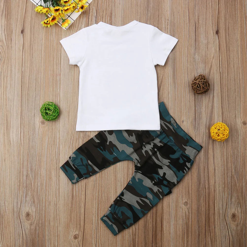 Short Sleeve Letter T-shirt Camo Pants 2Pcs Outfits Set