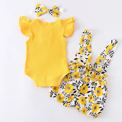 Knitting Cotton Ruffles Romper Shorts Bow Headband 3Pcs Outfits