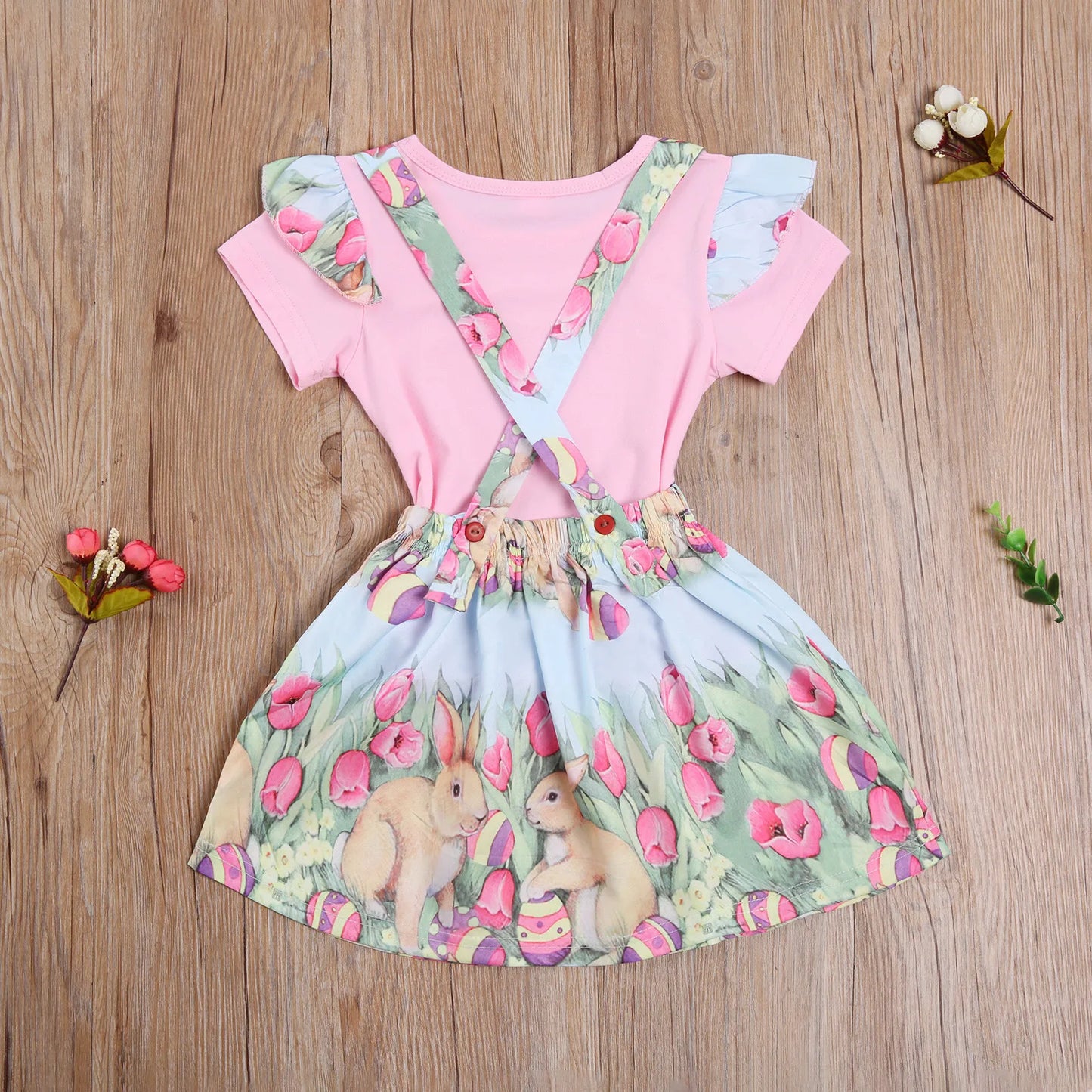 Crew Neck Solid Short Sleeve Top Bunny Straps Skirt