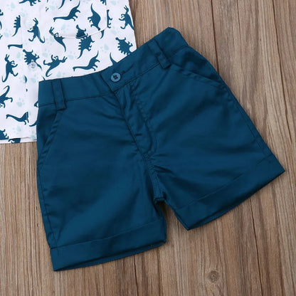 Boy Dinosaur Collar Short Sleeve T-shirt + Pant 2Pcs Set