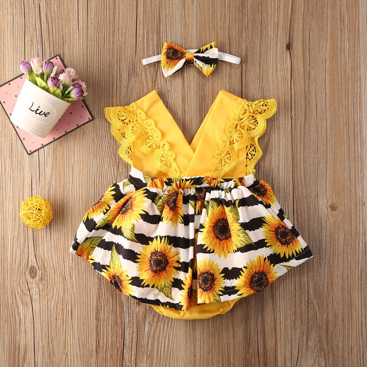 Lace Ruffle Sunflower Print Romper Headband 2Pcs