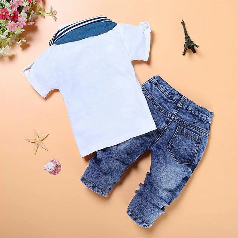 Short Sleeve Cotton T-Shirt Tops Jeans Scarf 3PCS