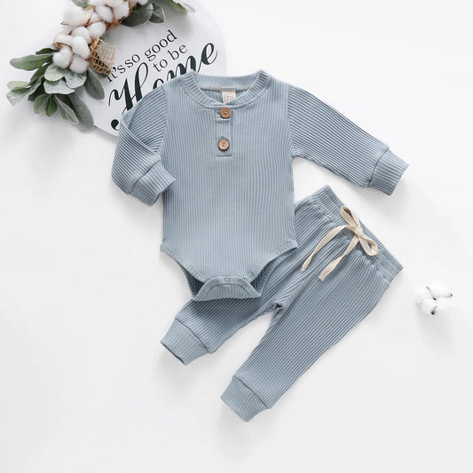 Newborn Infant Baby Girls Boys Ribbed Solid Clothes Sets Spring Autumn Long Sleeve Bodysuits + Elastic Pants 2PCs Solid Outfits