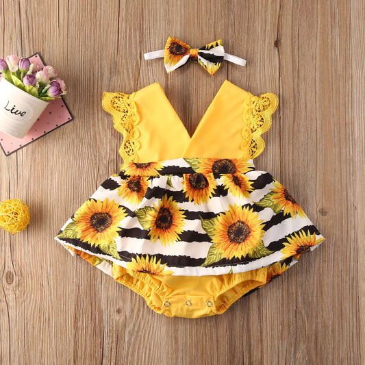 Lace Ruffle Sunflower Print Romper Headband 2Pcs