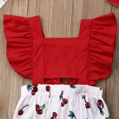 Ruffle Backless Cherry Romper Headband 2pcs Summer Outfits