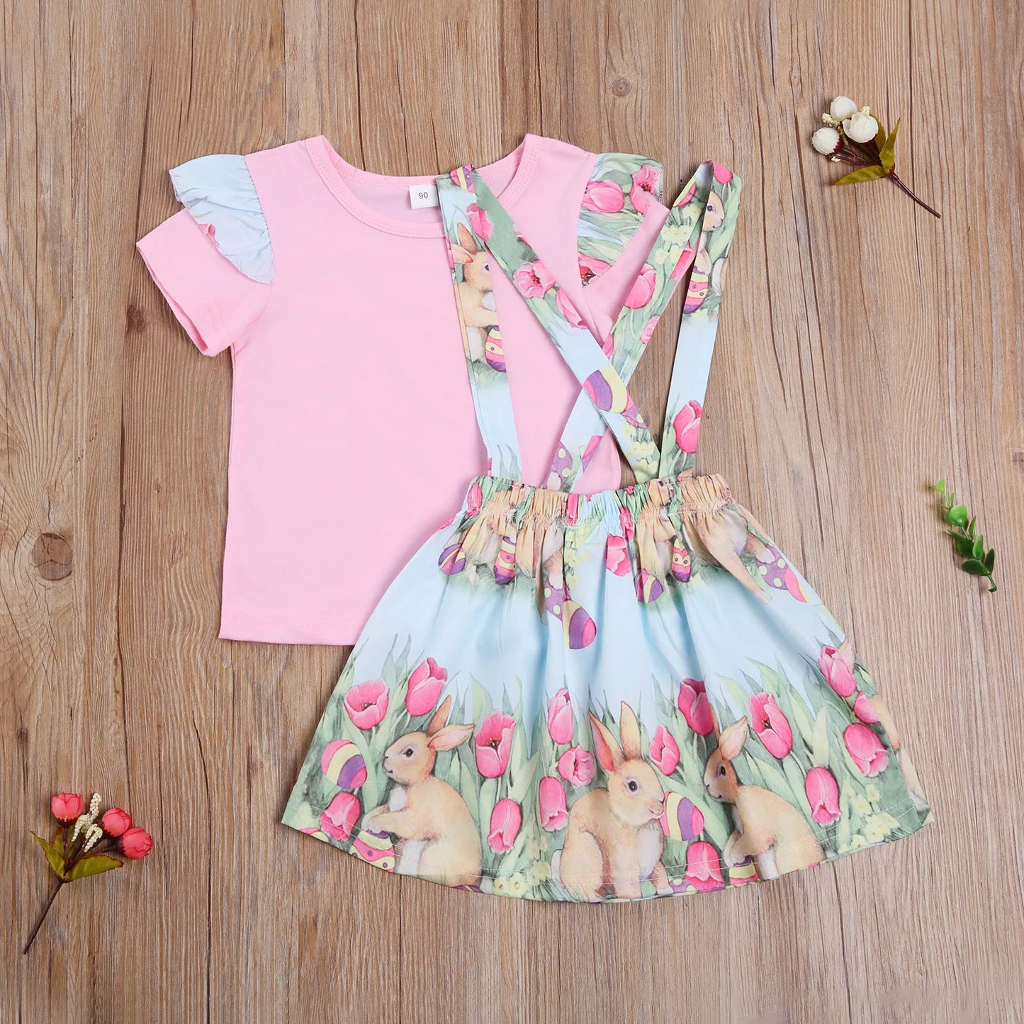 Crew Neck Solid Short Sleeve Top Bunny Straps Skirt