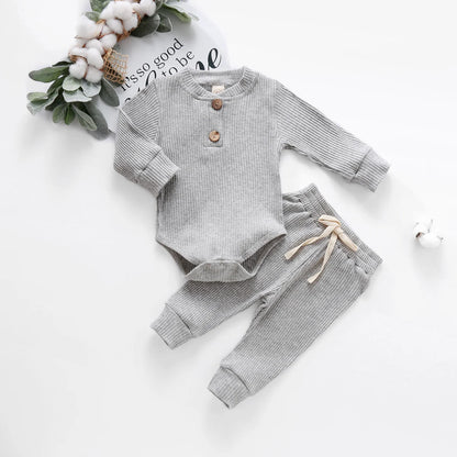 Newborn Infant Baby Girls Boys Ribbed Solid Clothes Sets Spring Autumn Long Sleeve Bodysuits + Elastic Pants 2PCs Solid Outfits