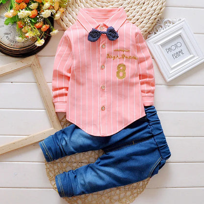 Casual Bow Tie Shirt+Pants 2pcs Sets  Denim Outfits