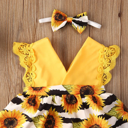 Lace Ruffle Sunflower Print Romper Headband 2Pcs