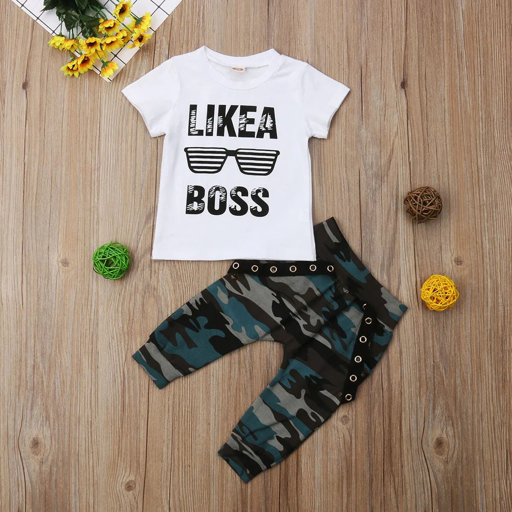 Short Sleeve Letter T-shirt Camo Pants 2Pcs Outfits Set