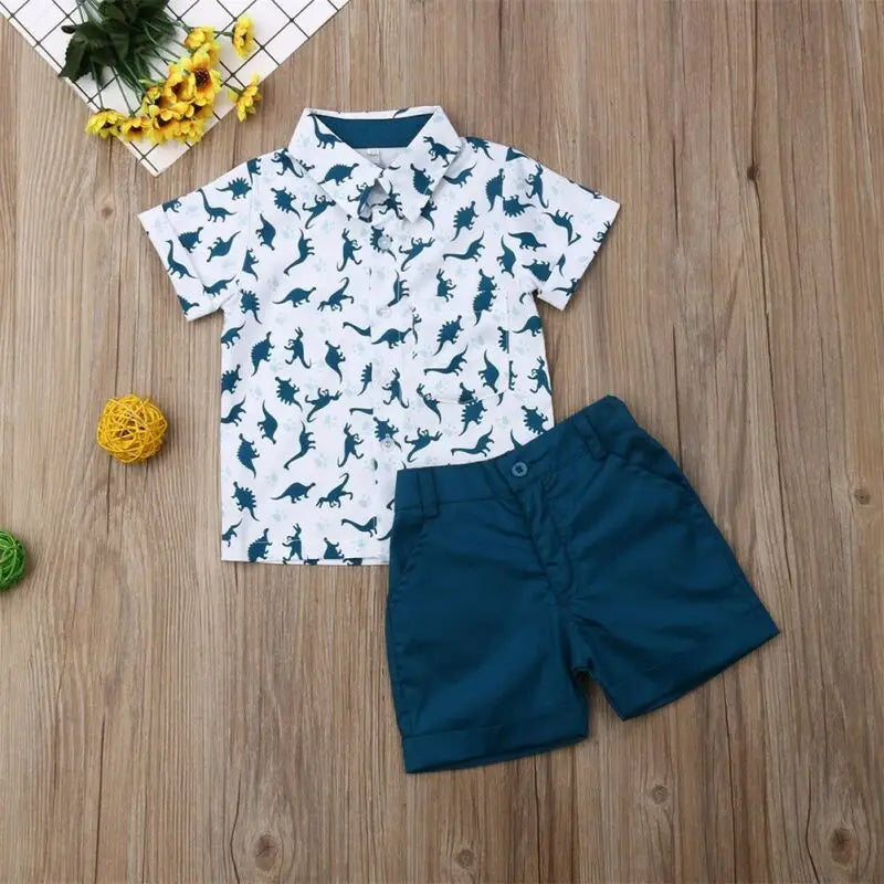 Boy Dinosaur Collar Short Sleeve T-shirt + Pant 2Pcs Set
