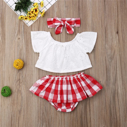 3pcs Off Shoulder Tops+Plaid Short Dress+Headband Outfit