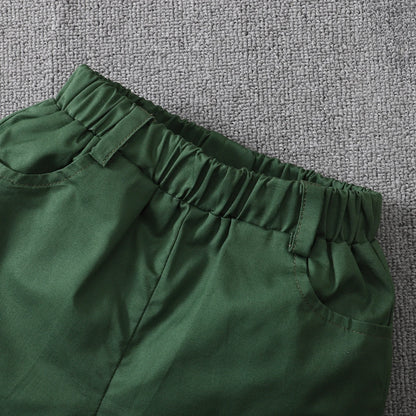 Short Sleeve Button Down Shirt  Solid Elastic Waist Shorts Set